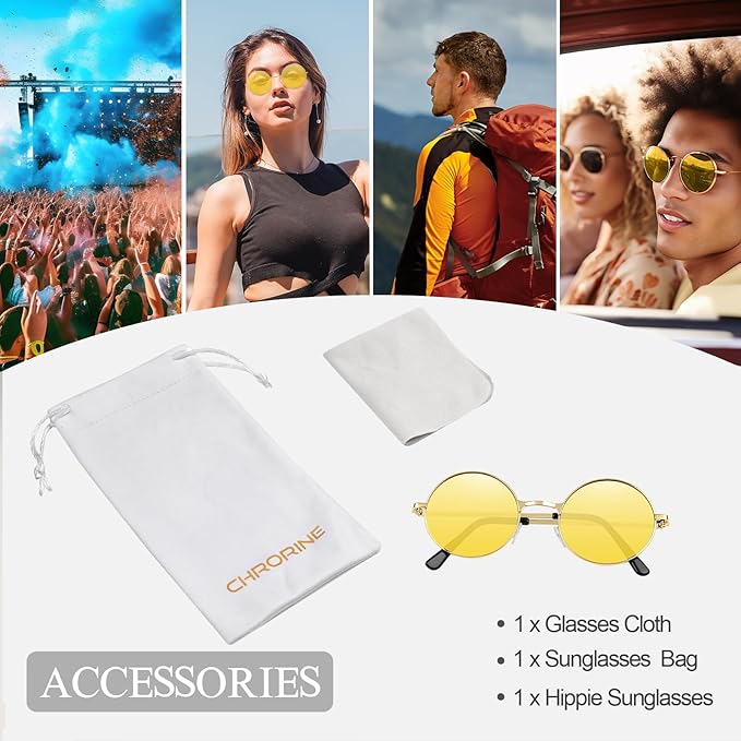 CHRORINE Hippie Sunglasses Round 70s Retro Glasses for Women Men Party Accessory Festival Fashion Vintage Sunglasses