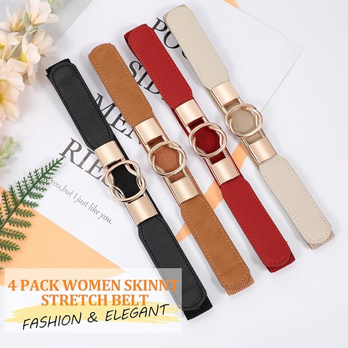 WERFORU Women Skinny Belt for Dresses Retro Stretch Waist Belt with Gold Buckle Set of 4
