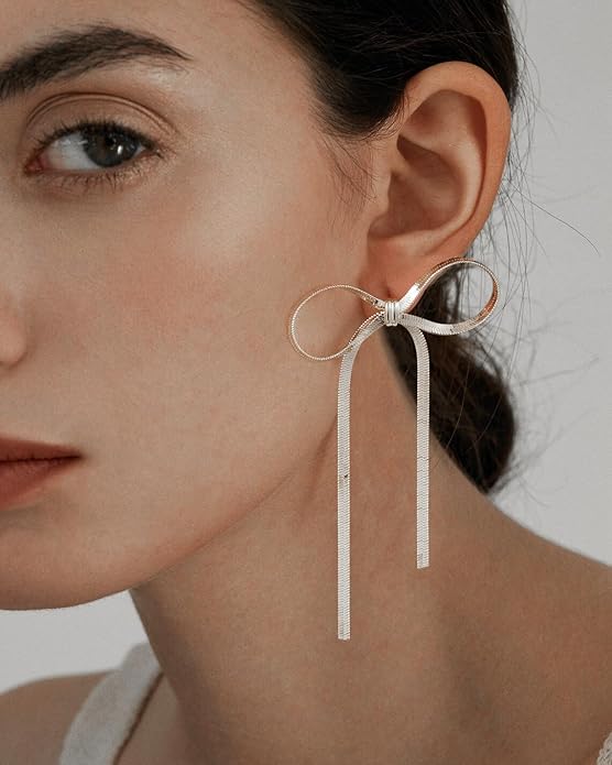 ASCOMY Gold Stud Earrings for Women - Dainty Bow 14K Gold/Silver Plated Pearl Earrings - Trendy Cute Ribbon Minimalist Jewelry Gifts for Her