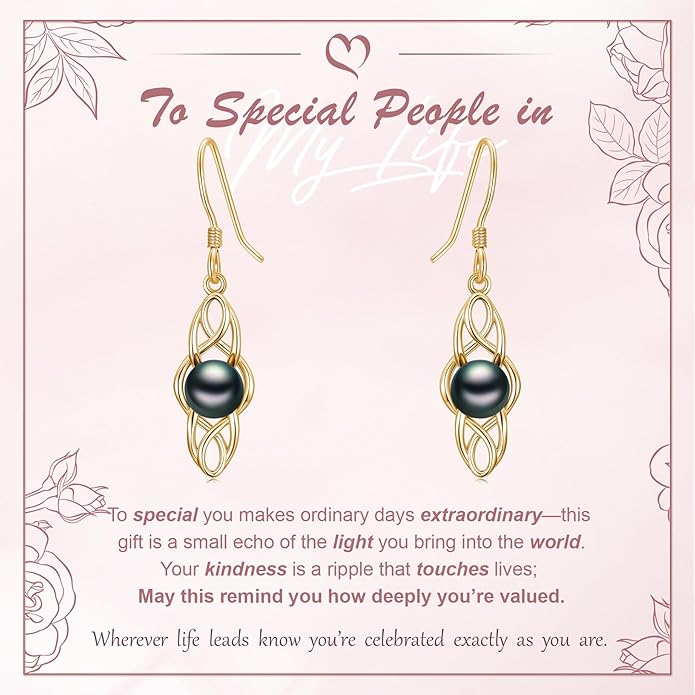 Tahitian Black Pearl AAAA 18K Gold Plated Sterling Silver Dangle Drop Earrings for Women Wife Mom Girlfriend Valentine Her Jewelry Gift for Anniversary Birthday Christmas