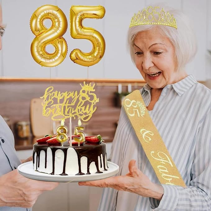 85th Birthday Decorations for Her Girls Set, Include 85th Birthday Crown and 85 Sash, 85th Birthday Cake Topper and 85 Birthday Candles, Gold 85 Balloons, Women 85th Party Supplies(Gold)