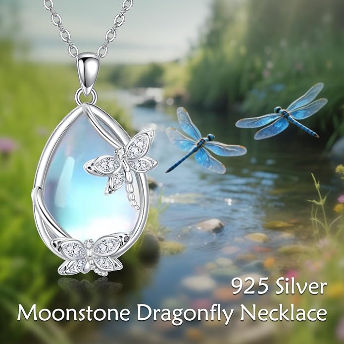 Moonstone Necklace for Women dragonfly Necklace 925 Sterling Silver Teardrop Moonstone Pendant Necklace Dragonfly Jewelry Gifts for Women