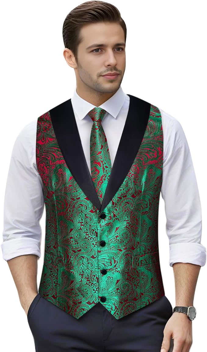 DiBanGu Mens Paisley Suit Vest Silk Jacquard Waistcoat and Necktie Set Formal Shawl Collar Dress Vest 7PCS for Wedding Party