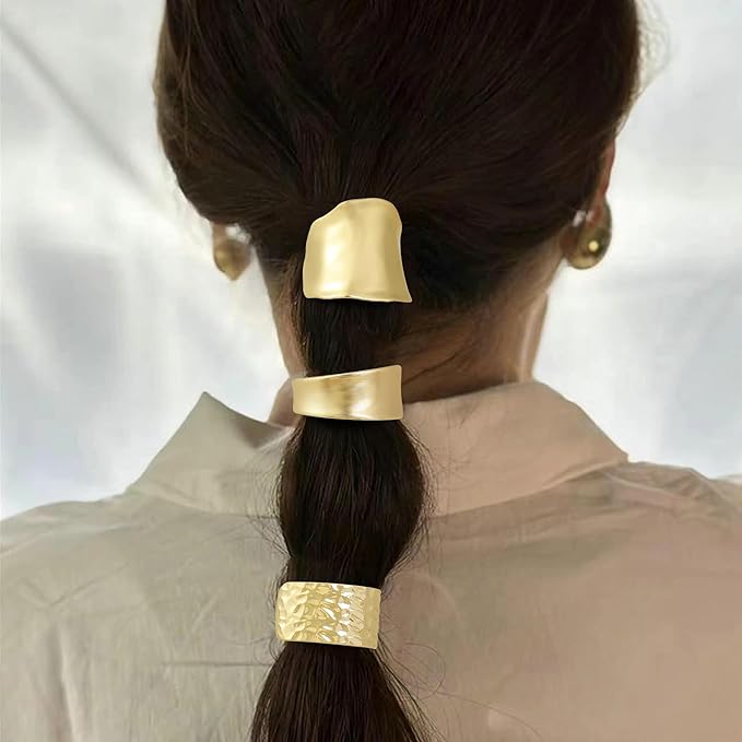 Gold Metal Hair Ties for Women - Cuffs, Accessories, Elastic Bands for Thick and Thin Hair Ponytails