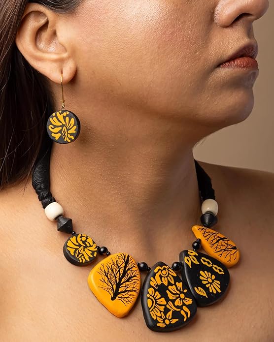 Handmade Terracotta Necklace & Earrings Set – Boho Statement Jewelry with Yellow Floral Design – Eco-Friendly Ethnic Jewelry Gift for Women & Festivals