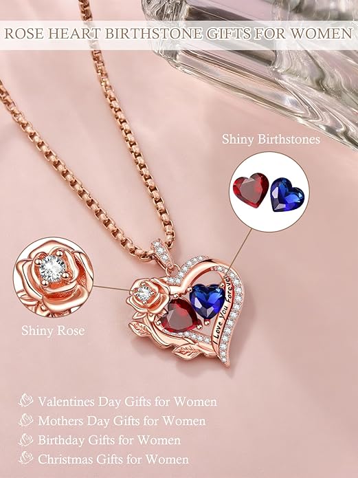 Rose Heart Necklaces for Women, Rose Gold Forever Love Jewelry with 2 Birthstones Pendant, Christmas Anniversarry Birthday Gifts for Her Wife Mom Grandma, 18+2 Inch Chain