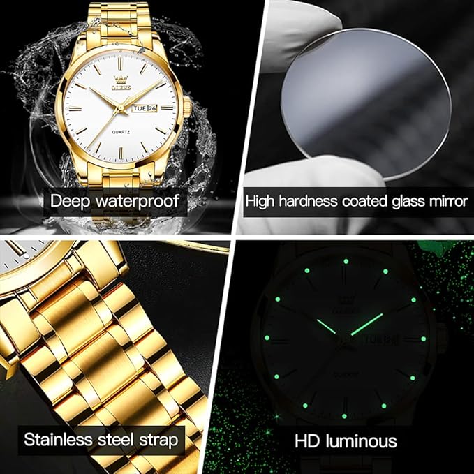 OLEVS Mens Gold Watches Analog Quartz Business Dress Watch Day Date Stainless Steel Classic Luxury Luminous Waterproof Casual Male Wrist Watches