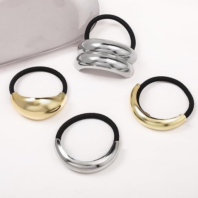 Hair Ties for Women, Gold Metal Hair Cuffs Hair Accessories Elastic Hair Ties Ponytail Cuff Hair Bands for Both Thick Hair and Thin Hair