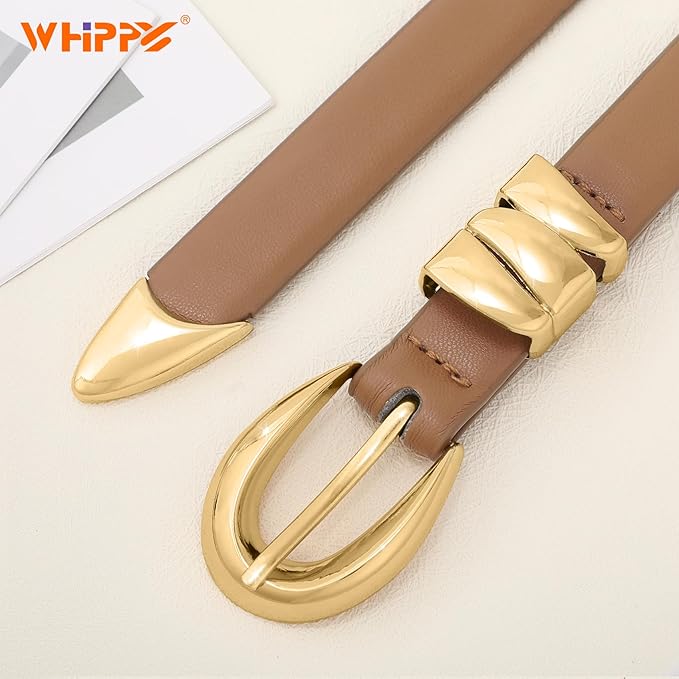 WHIPPY Women Skinny Leather Belt for Jeans Pants Dresses Ladies Fashion Waist Belt with Shiny Gold Buckle