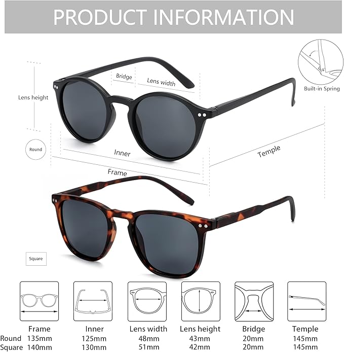 ZENOTTIC Polarized Sunglasses for Women Men: Retro Shades Round | Square Frame UV Protection 2 Pack