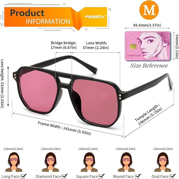 FEISEDY Retro Square Aviator Sunglasses Women Men 70s Vintage Trendy Plastic Frame Sun Glasses B2835