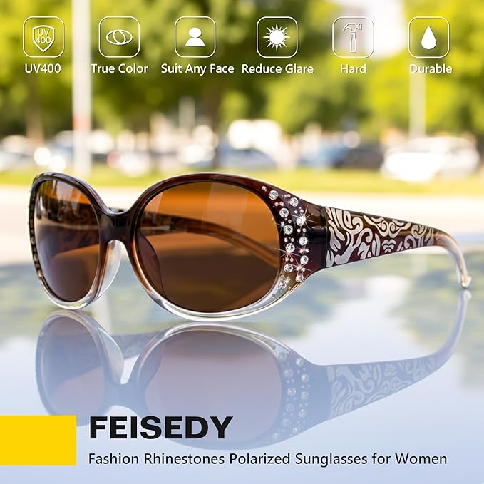 FEISEDY Women's Polarized Sunglasses Wrap Around Rhinestone Design Fashion Sunnies UV400 Protection B1091