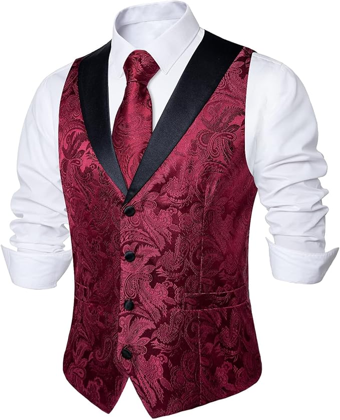 DiBanGu Mens Paisley Suit Vest Silk Jacquard Waistcoat and Necktie Set Formal Shawl Collar Dress Vest 7PCS for Wedding Party