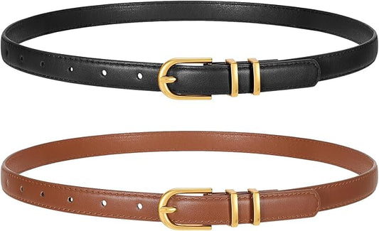 2 Pack Women Skinny Leather Belts for Jeans Pants Thin Faux Leather Belt with Gold Buckle