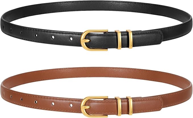 2 Pack Women Skinny Leather Belts for Jeans Pants Thin Faux Leather Belt with Gold Buckle