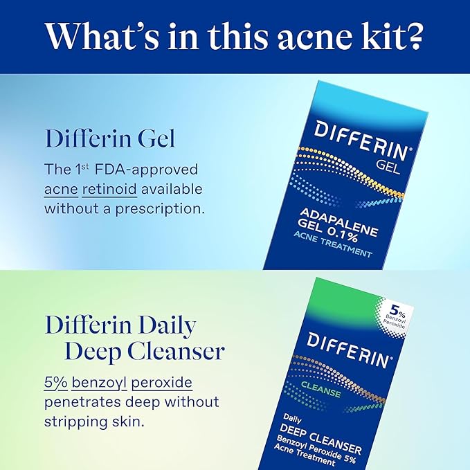 Differin Acne Skin Care Kit, Differin Gel Retinoid Acne Treatment for Face with 0.1% Adapalene & 5% Benzoyl Peroxide Face Wash & Body Wash, Designed for Pimple and Acne Prone Skin (Pack of 10)