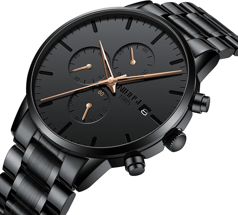NIBOSI Men's Watches Analog Minimalist Black Dial Watches for Men Business Chronograph Military Casual Wrist Watches Stainless Steel Strap Date
