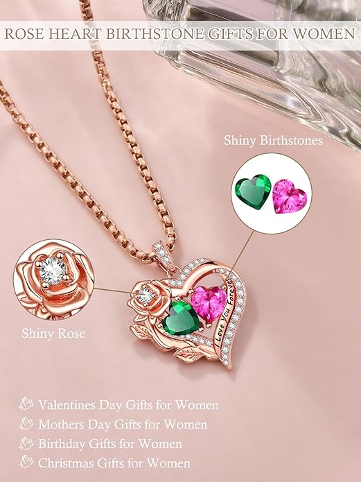 Rose Heart Necklaces for Women, Rose Gold Forever Love Jewelry with 2 Birthstones Pendant, Christmas Anniversarry Birthday Gifts for Her Wife Mom Grandma, 18+2 Inch Chain