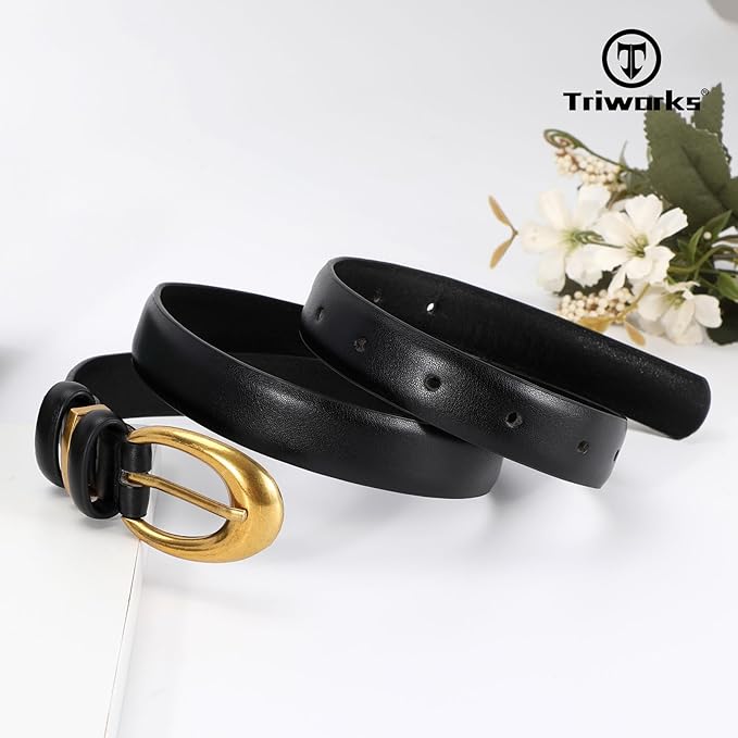 TRIWORKS Women Leather Belt for Jeans Pants Fashion Ladies Skinny Faux Leather Dress belt with Gold Buckle