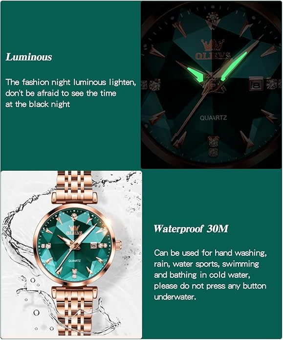 OLEVS Women Watches Simple Dress Ladies Watch Rose Gold Stainless Steel Watch Waterproof Quartz Date Luxury Diamond Small Wristwatch Fashion Analog Female Reloj Mujer Blue White Green Red Yellow Face