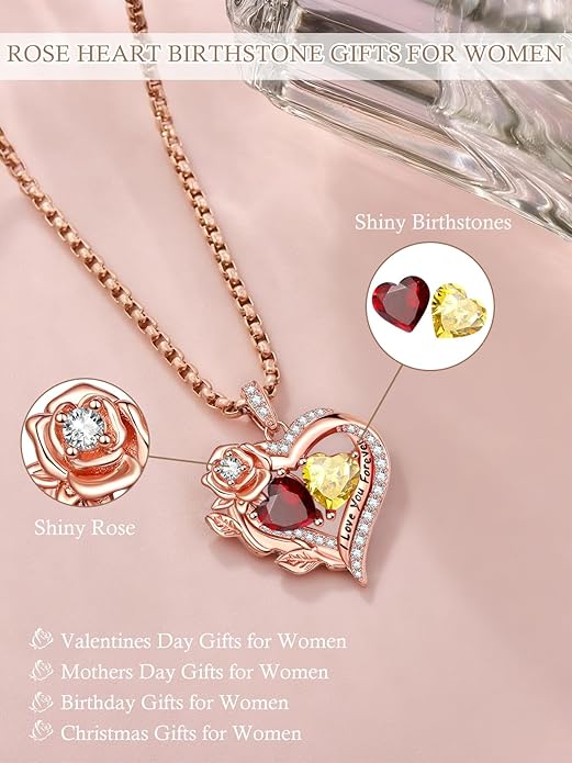 Rose Heart Necklaces for Women, Rose Gold Forever Love Jewelry with 2 Birthstones Pendant, Christmas Anniversarry Birthday Gifts for Her Wife Mom Grandma, 18+2 Inch Chain