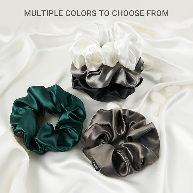 THXSILK Silk Scrunchies for Women - Pure Mulberry Silk Hair Ties, Cute Rings for Girls, Thick Hair, Charcoal