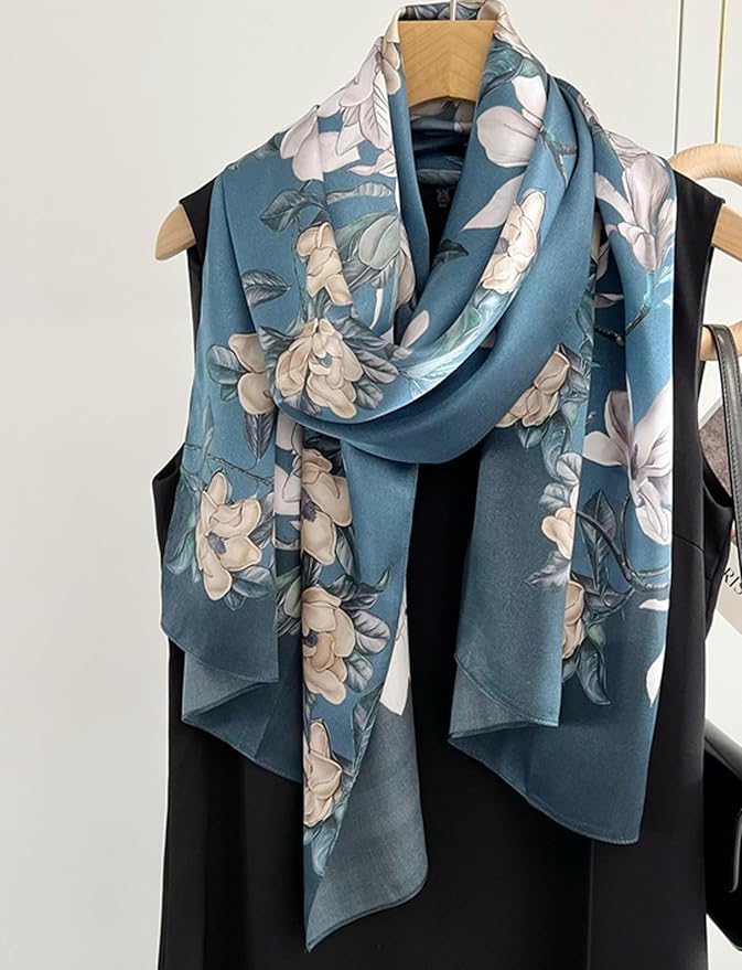 100% Mulberry Silk Scarfs for Women Floral Print Satin Long Scarf for Headscarf Hair Wraps Shawl with Gift Packed
