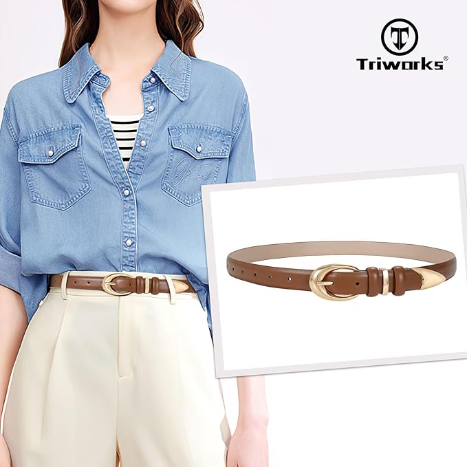 TRIWORKS Women Leather Belt for Jeans Pants Fashion Ladies Skinny Faux Leather Dress belt with Gold Buckle