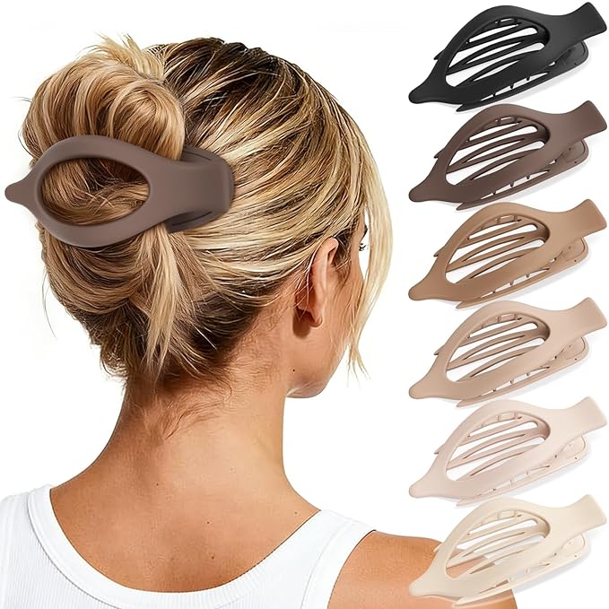 6 PCS Large Flat Hair Clips for Women Girls, French Concord Lay Down Claw Clips for Thick Thin Hair, Comfortable Curved Flat Clips, Matte Non-slip Strong Hold Hair Accessories, Brown