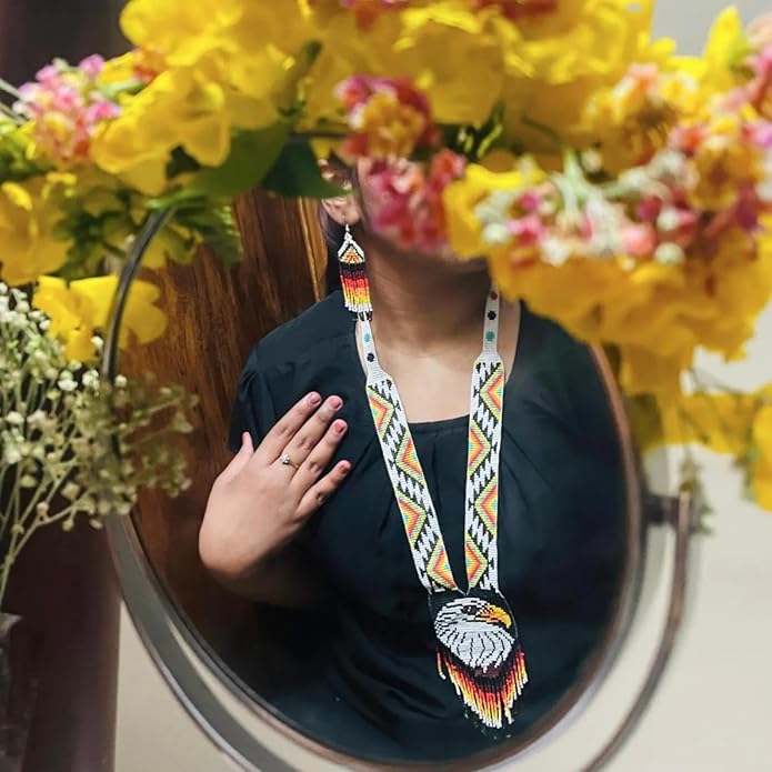 Boho Beaded Jewelry – Eagle Medallion Necklace & Earrings – Artisan Handmade Statement Jewelry & Festival Gift for Women