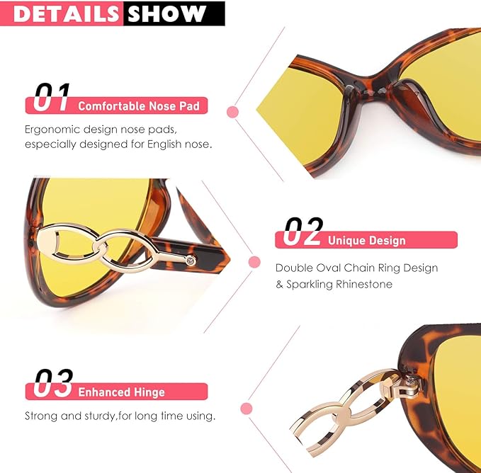 CGID Night Driving Glasses Women,Anti Glare Polarized Nighttime Vision Yellow Trendy Oversized Lens UV400,Tortoise