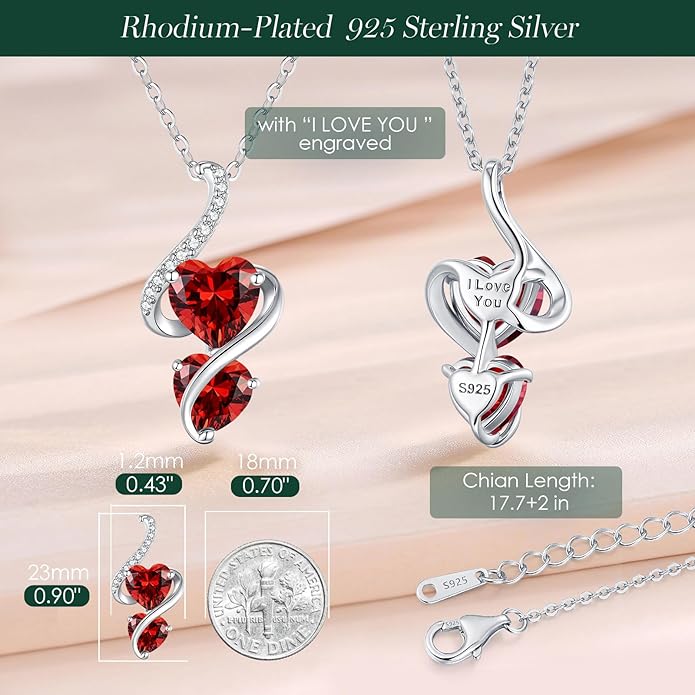 LOUISA SECRET Unique Double Heart Necklace Gifts for Wife Women, 925 Sterling Silver Tiny Birthstone Pendant Jewelry Gift for Her Girlfriend Mom Valentine's Day Anniversary Mother's Day Birthdays & Christmas