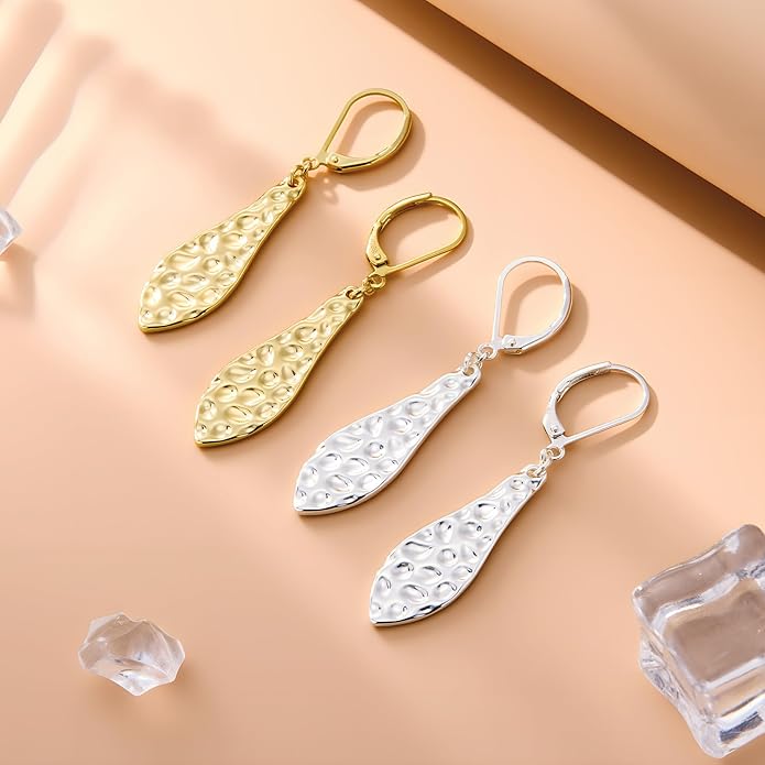 ALEXCRAFT 925 Sterling Silver Dangle Earrings for Women, 14K Gold Plated French Leverback Earrings, Hypoallergenic Lightweight Statement Hammer Square Bar Long Drop Earing for Women Trendy Jewelry