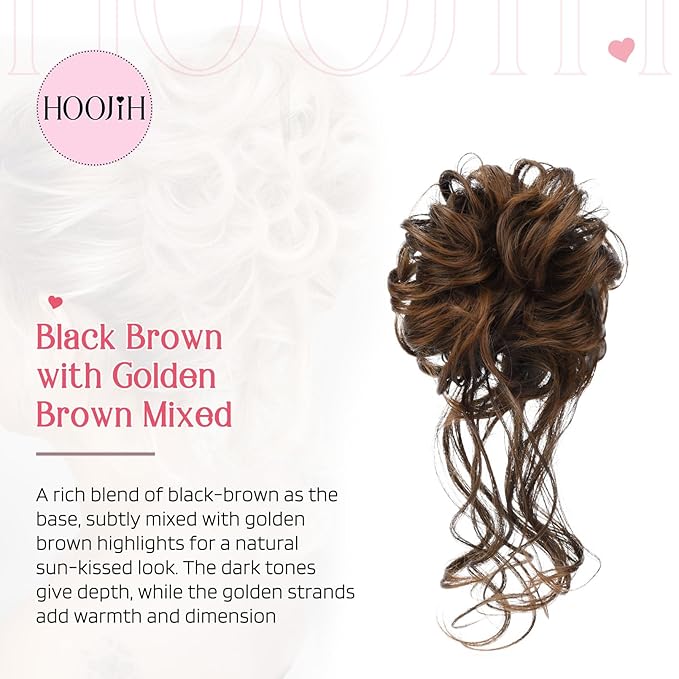 HOOJIH 2PCS Messy Bun Hair Piece, Tousled Updo with Tendrils Bun Extensions Wavy Curly Hair Wrap Ponytail Hairpieces Scrunchies for Women HB010 Dasiy - Black Brown with Golden Brown Mixed