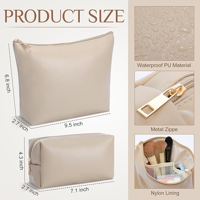 Kigeli 2 Pcs PU Leather Makeup Bag Set for Women Aesthetic Cosmetic Bag Small Toiletry Travel Pouch for Purse Emergency Skincare Organizer Valentine Gifts for Bridesmaid Birthday(Nude)