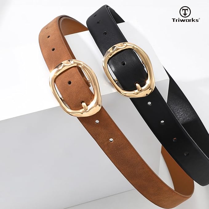 TRIWORKS 2 Pack Leather Belts for Women Fashion Waist Belt with Liquid Shapes Women Belt for Jeans Pants Dresses