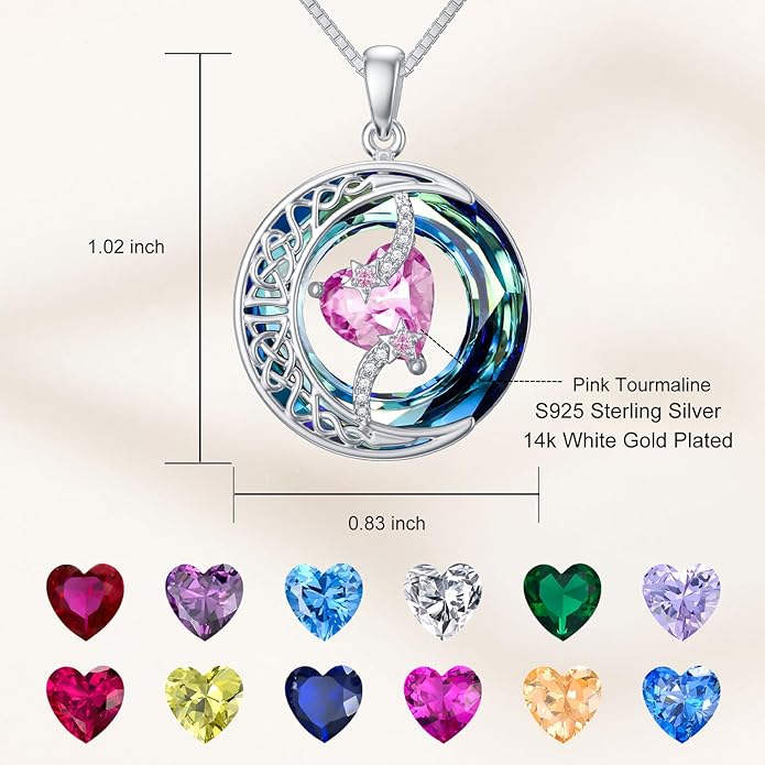 TOUPOP Birthstone Necklace 925 Sterling Silver Moon and Star Pendant with Blue Crystal Celtic Moon Jewelry Birthday Valentines Day Gifts for Women Mom Wife Her