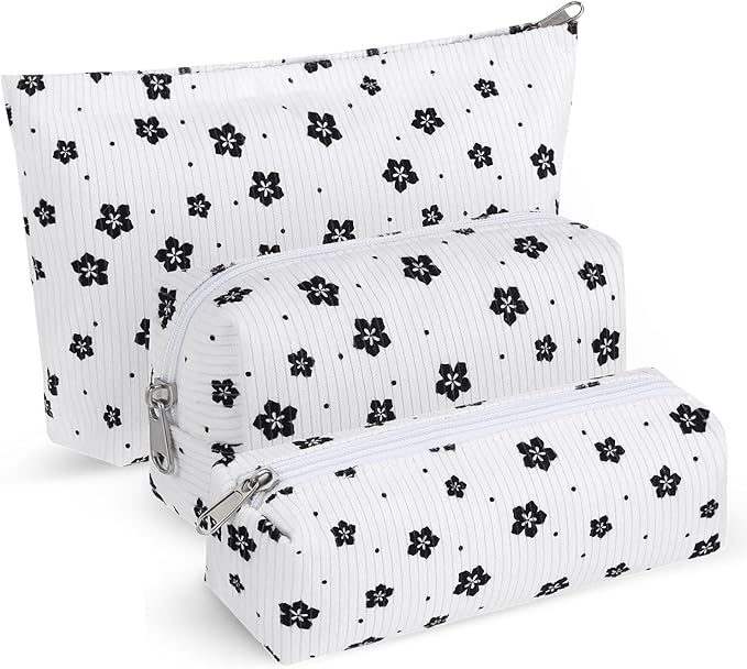 3 Pcs Makeup Bag Set for Women Corduroy Cosmetic Pouch Aesthetic Smile Travel Toiletry Bag Cute Purse Pouch Pencil Case Makeup Brushes Storage Organizer for Christmas (White,Floret)