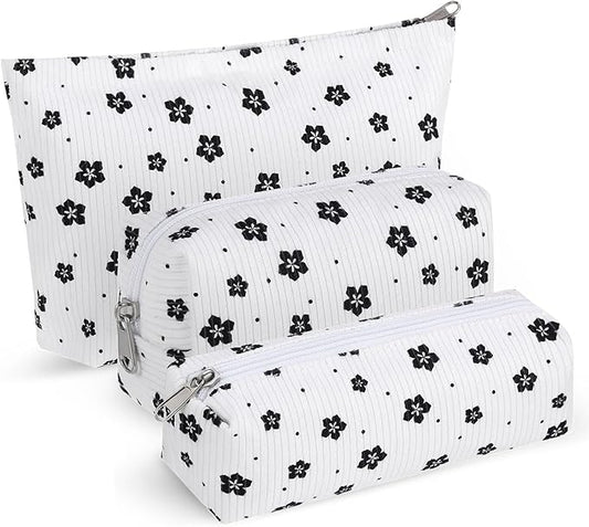 3 Pcs Makeup Bag Set for Women Corduroy Cosmetic Pouch Aesthetic Smile Travel Toiletry Bag Cute Purse Pouch Pencil Case Makeup Brushes Storage Organizer for Christmas (White,Floret)