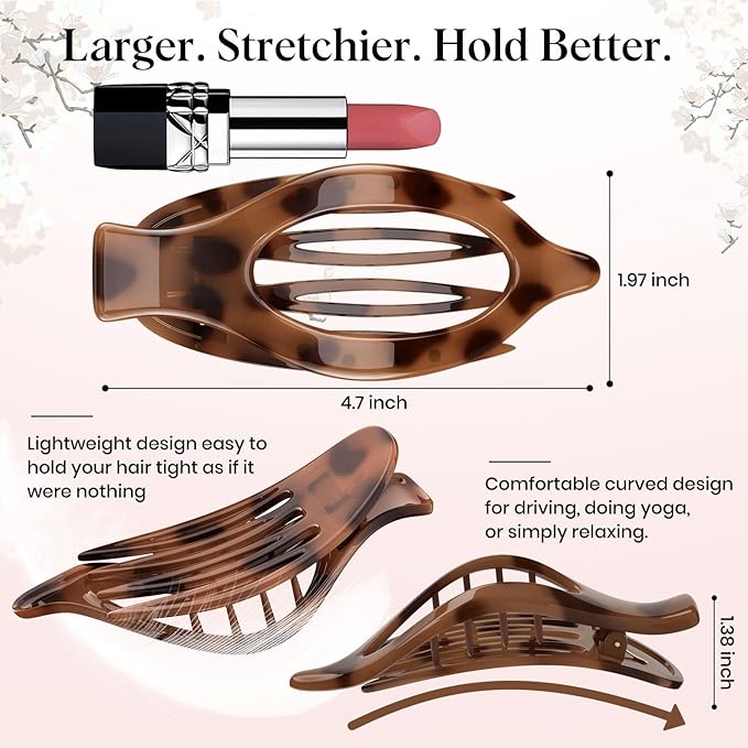 4 PCS Large Flat Hair Clips for Women Girls, French Concord Lay Down Claw Clips for Thick Thin Hair, Comfortable Curved Flat Clip, Leopard Print Strong Hold Hair Accessories, Tortoise Design