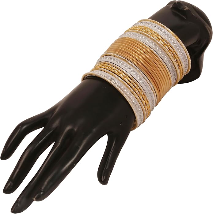 Touchstone Indian Metal Bangles for Women Gold Alloy Bracelets desi 2 Dozen Bangle Collection Bollywood Women's Jewelry Set Multi Stacking Wide Chunky Textured Golden Set of 24 in Gold or White Tone