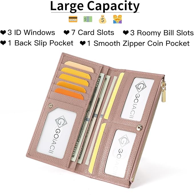 Slim Blue Wallet for Women, RFID Blocking Genuine Leather Bifold with Secure Zippered Coin Pocket (Pink)