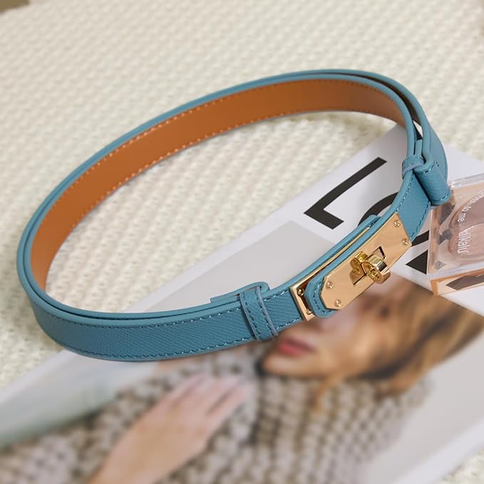 Skinny Leather Belts for Women with Adjustable Silver Turn-Lock Buckle for Dresses Jeans and Pants