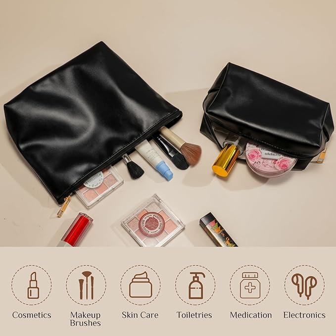 Kigeli 2 Pcs PU Leather Makeup Bag Set for Women Aesthetic Cosmetic Bag Small Toiletry Travel Pouch for Purse Emergency Skincare Organizer Valentine Gifts for Bridesmaid Birthday(Black)