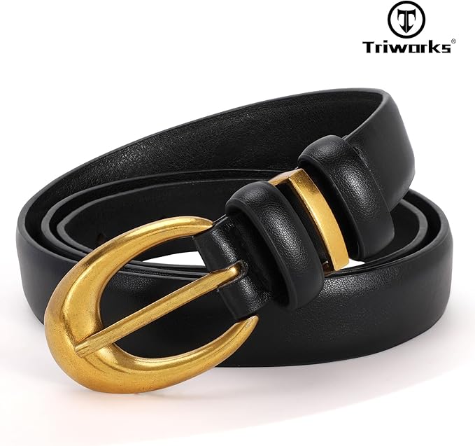 TRIWORKS Women Leather Belt for Jeans Pants Fashion Ladies Skinny Faux Leather Dress belt with Gold Buckle