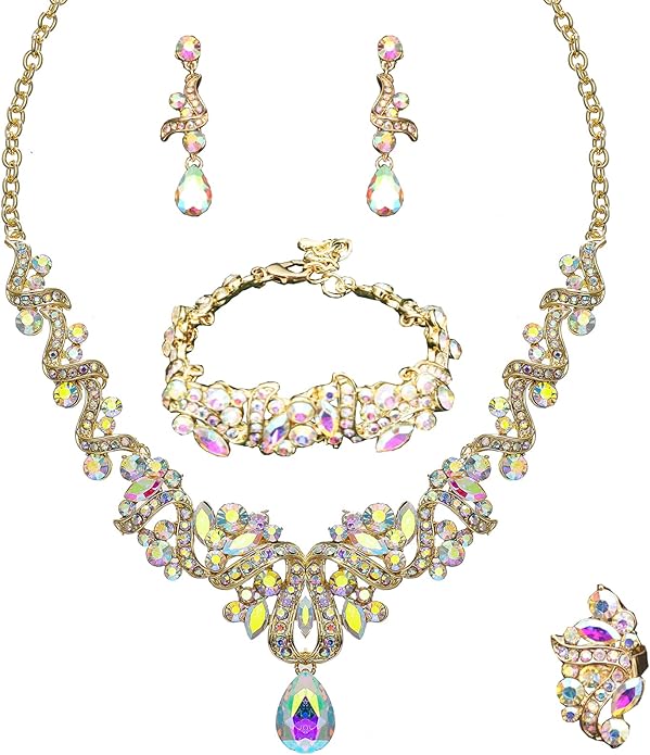 Jewelry Set for Women, Statement Necklace Dangle Earrings Bracelet Ring, White/KC Gold Plated Jewelry Set with Rhinestone Pearl Crystal Wedding Party Jewelry for Bridal Bridesmaid