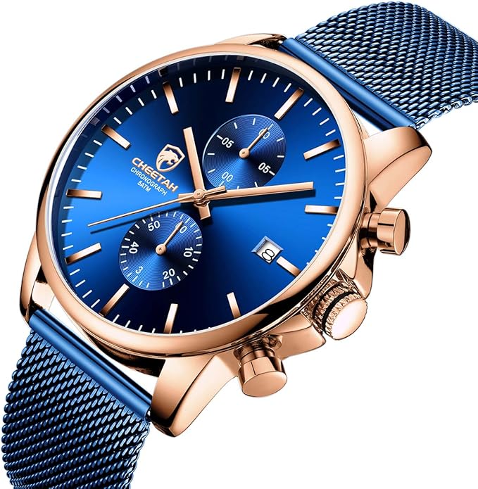 GOLDEN HOUR Mens Watch Fashion Sleek Minimalist Quartz Analog Mesh Stainless Steel Waterproof Chronograph Watches for Men with Auto Date