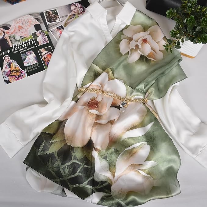 100% Mulberry Silk Scarf for Women Neck Oblong Headscarves Long Floral Print Lightweight Silk Wraps Shawls 67"*20"
