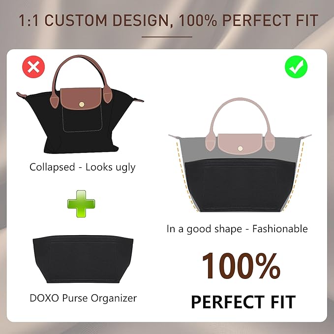 Doxo Purse Organizer Insert for Longchamp Le Pliage Tote, Large Bag Organizer with 8 Compartments, YKK Zipper Pocket Cup Holder, Handbag Shaper for Women, Fits Original/Green/Energy L Tote (Black, WL)