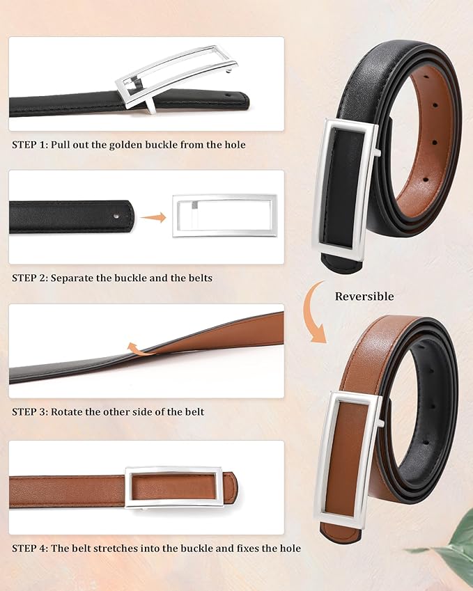 AWAYTR Women Reversible Leather Belt - Two-in-One Women Fashion Skinny Belt for Jeans with Golden Buckle